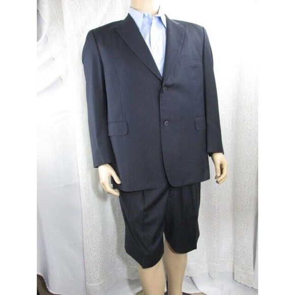 Mens Pinstripe Suit Jacket & Shorts Navy Blue Pockets Lined